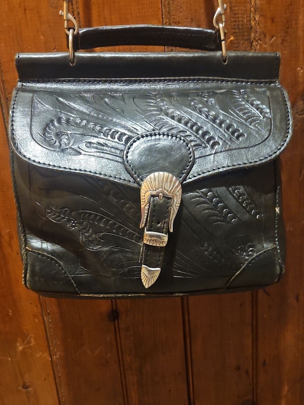 Vintage Hand-Tooled Black Leather Satchel with Silver Buckle